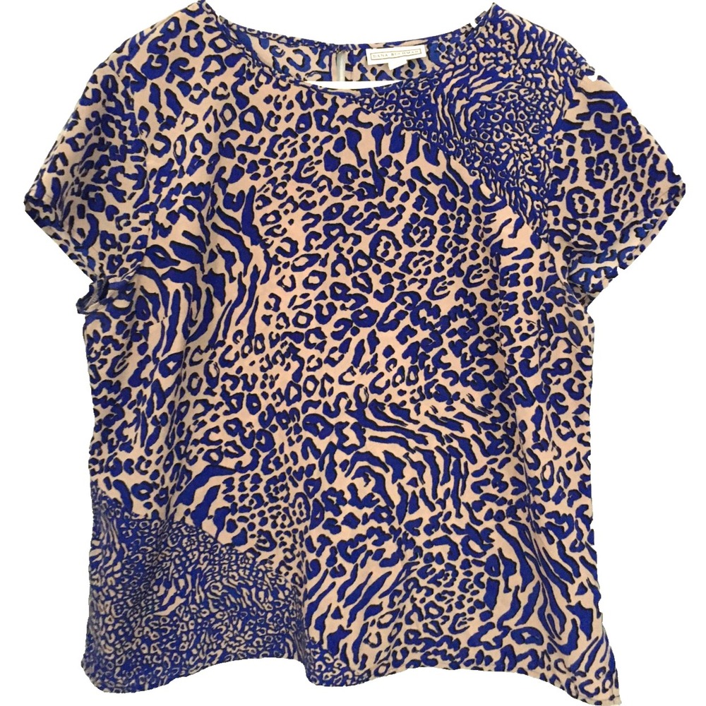 Dana Buchman Shirt Women XL Blue Beige Leopard Print Short Sleeve Blouse‎ EUC